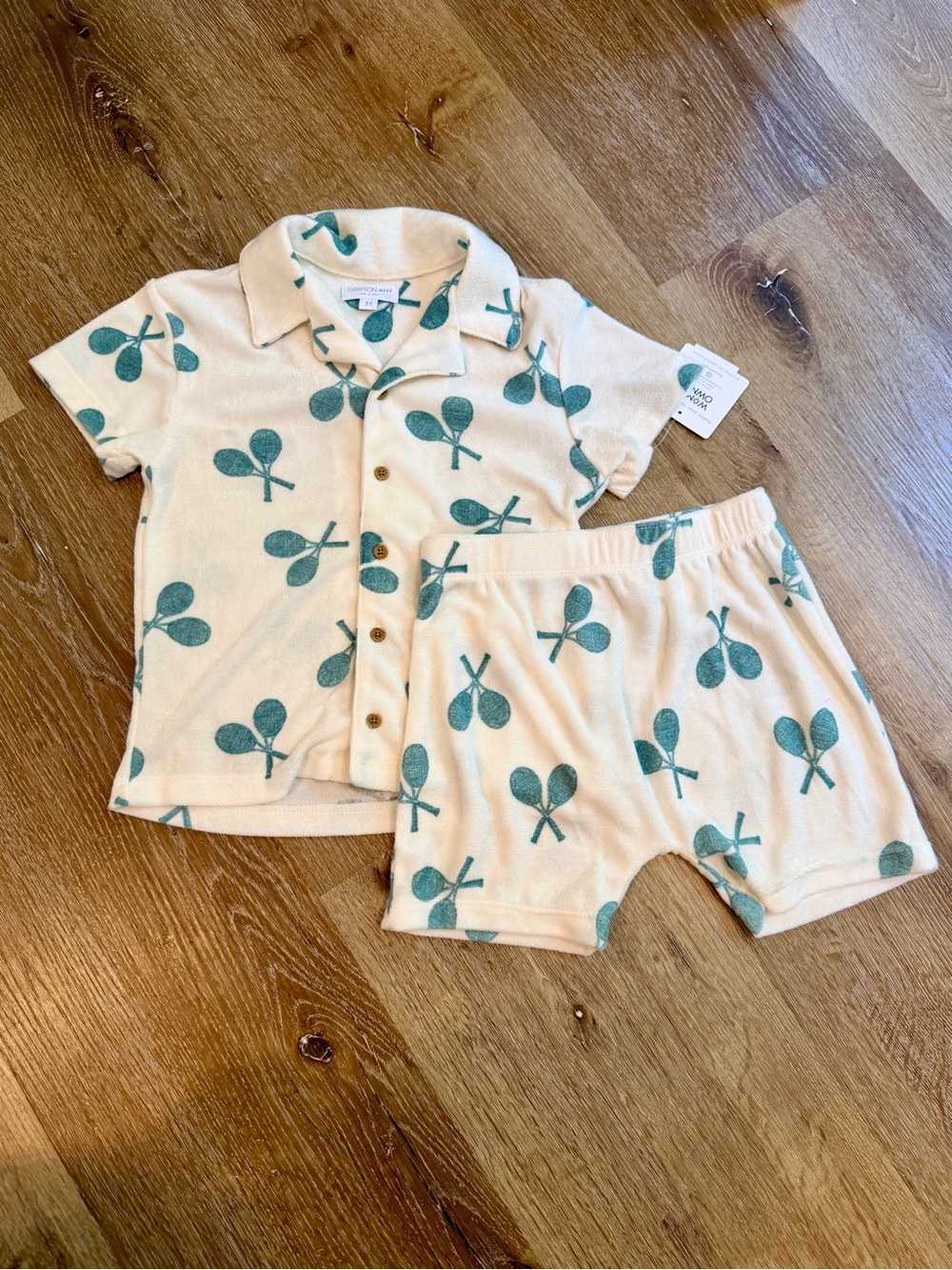 Kids Cream Pajama Set with Teal Racket Print